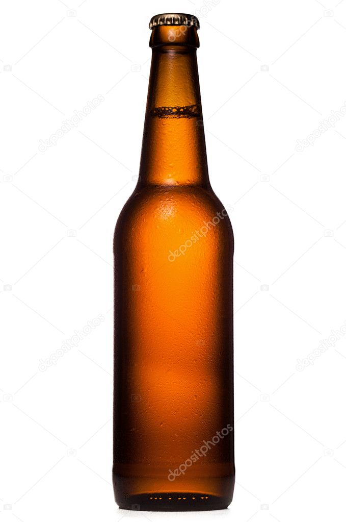Bottle of beer with drops on white background. The file contains
