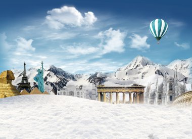 World landmarks among the mountains with snow and hot air balloo clipart