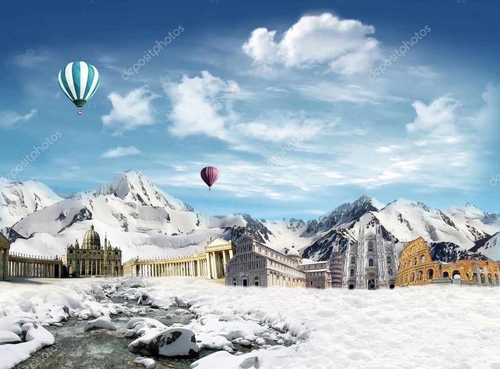 Italian landmarks in the snowfield