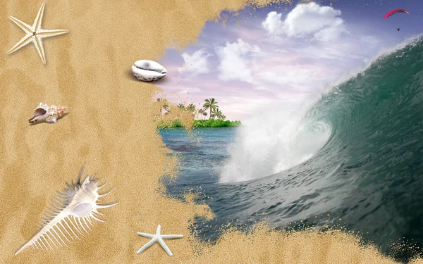 Ocean wave med sandstrand och skal — Stockfoto