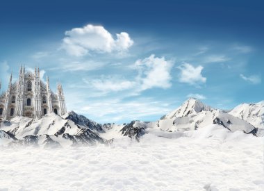 Milan Cathedral among the mountains with snow clipart