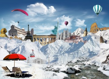 Mountain view with world landmarks clipart