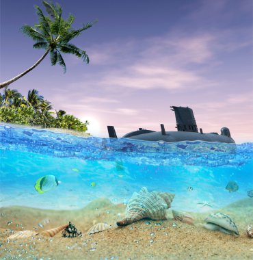 Submarine near the tropical island clipart