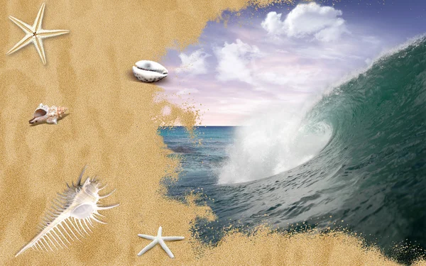 Onda oceânica com praia de areia e conchas — Fotografia de Stock