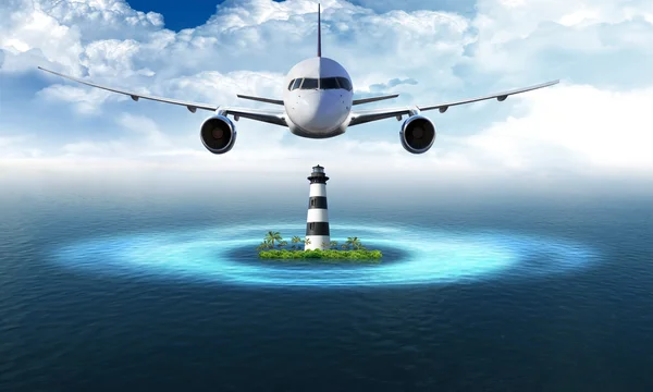 Vuurtoren op het eiland met vliegtuig vliegen in de lucht — Stockfoto