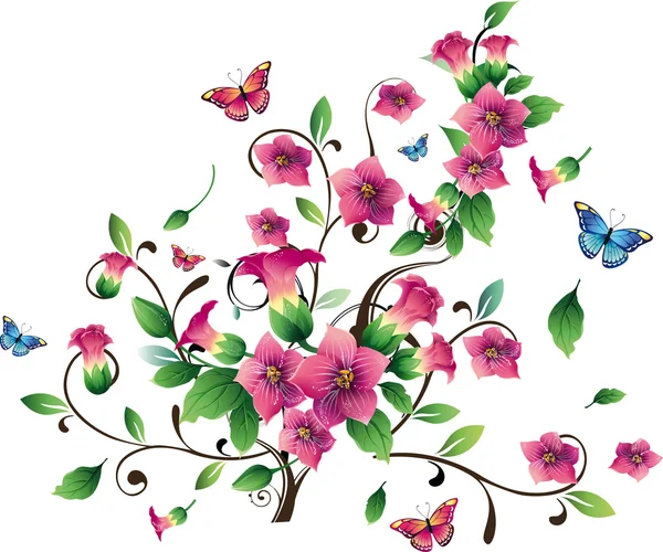 Albero con fiori e farfalle — Vettoriale Stock