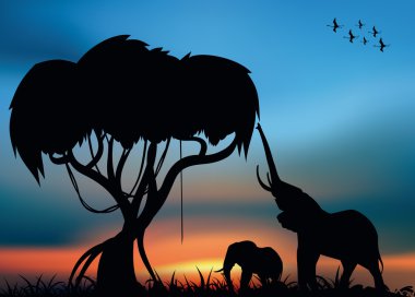 African savvanna with elephants clipart