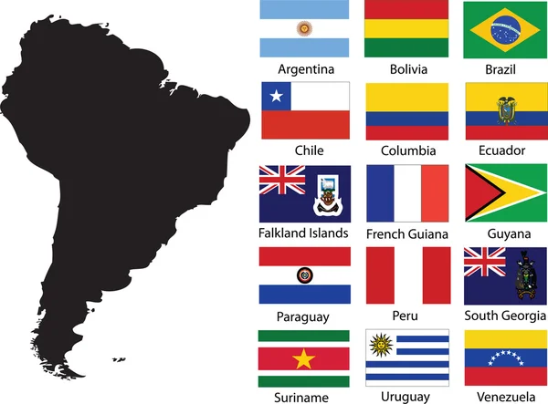 Sydamerika karta och flaggor — Stock vektor