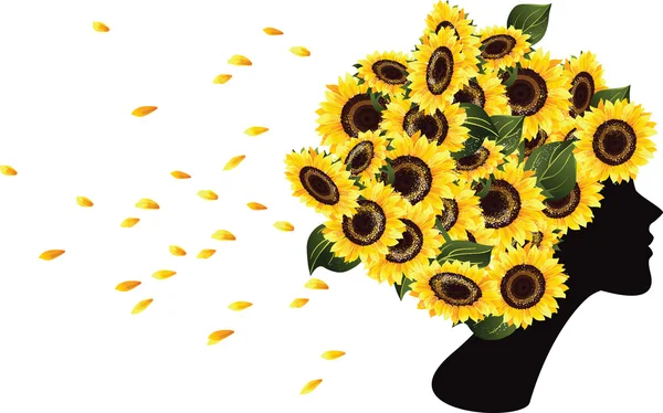 Vrouw en zonnebloemen — Stockvector