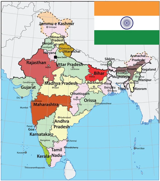 印度地图和国旗 — 图库矢量图片