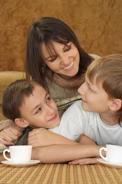 Een mooie Kaukasische mooi moeder met twee schattige broers — Stockfoto