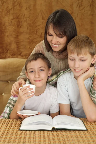 A beautiful Caucasian good mother with two adorable brothers — Stock Photo, Image