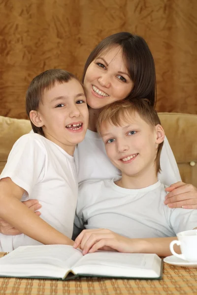 A beautiful Caucasian joy mother with two adorable brothers — Stock Photo, Image