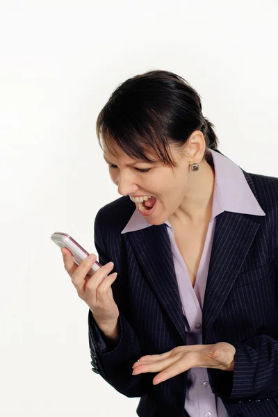 Biznes kaukaski kobieta krzyczy do telefonu — Zdjęcie stockowe