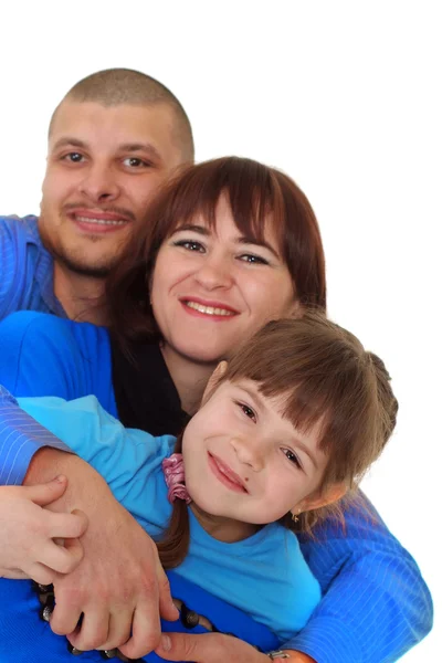 Lachende familie in de blauwe t-shirts — Stockfoto