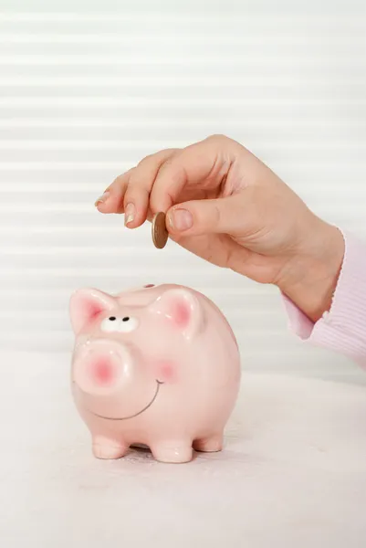 Savings - Piggy bank and hand — Stock Photo, Image