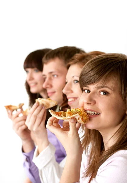 Goede grappige Kaukasische campagne van vier eten van pizza — Stockfoto