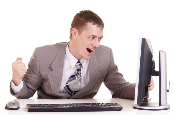 Boldog üzletember ül egy laptop — Stock Fotó
