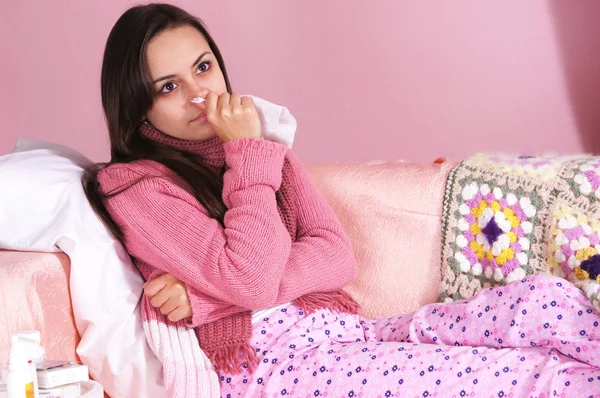 Sick girl at bed — Stock Photo, Image