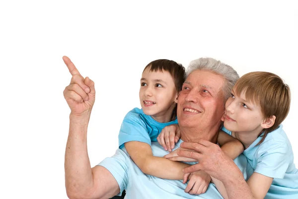 Happy smile Caucasian grandparents with grandchildren fooled — Stock Photo, Image