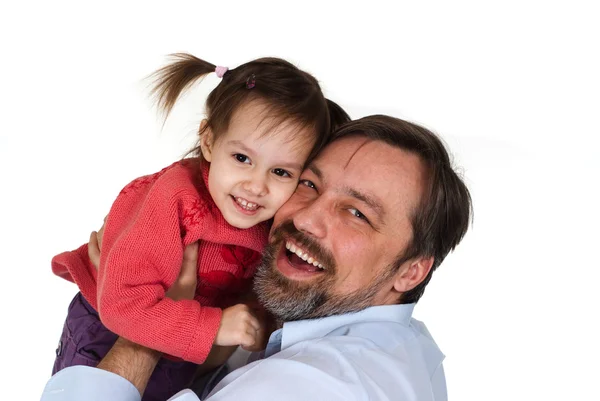 Beautiful Caucasian caring daddy holding his daughter in his arm — Stock Photo, Image