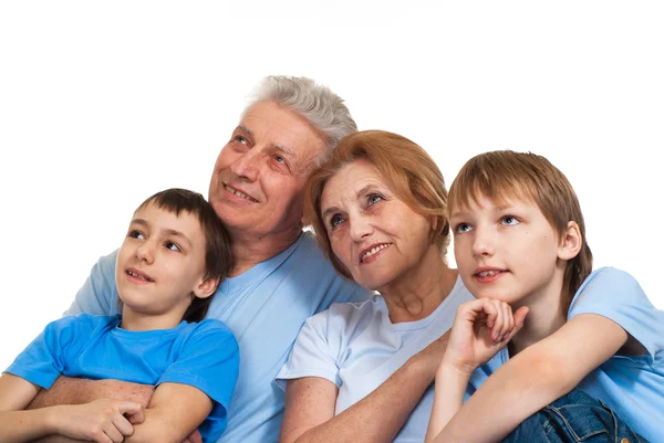 Happy bliss Caucasian grandparents with grandchildren fooled — Stockfoto