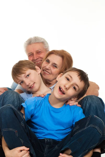 Happy luck Caucasian grandparents with grandchildren fooled — Stock Photo, Image