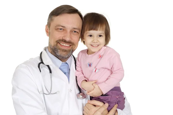 Ein schöner erwachsener kaukasischer Arzt mit einem Mädchen im Stehen — Stockfoto