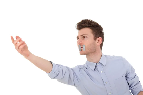 Young man with censorship asking for help — Stockfoto