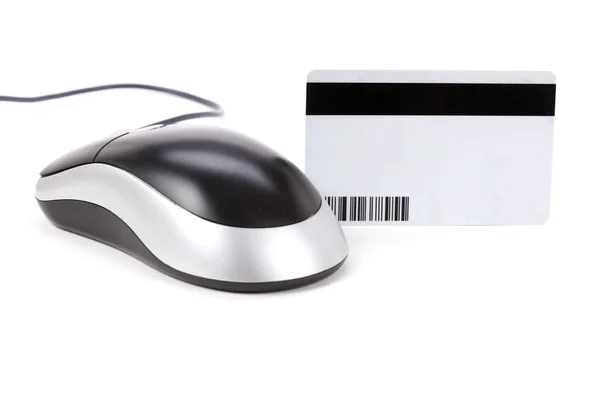 Cartão de dados digitais de plástico e mouse de computador — Fotografia de Stock