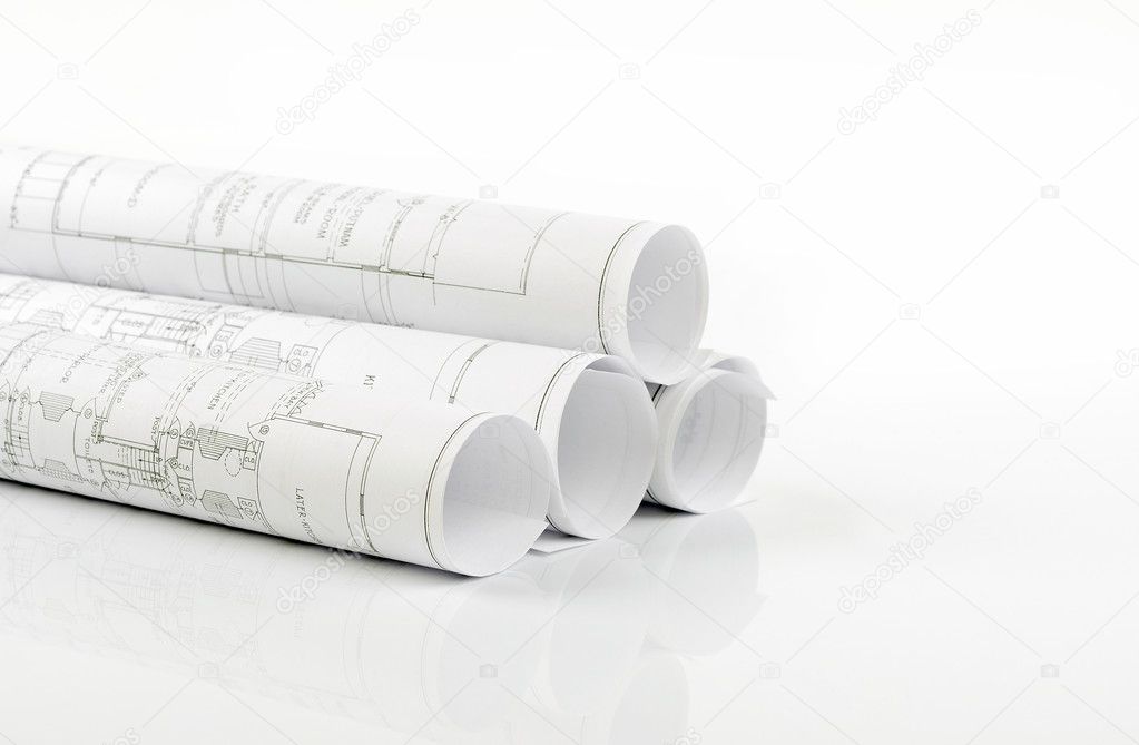 Rolled construction plans isolated
