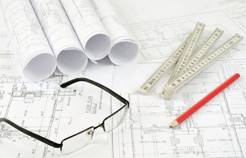 Construction plans and glasses