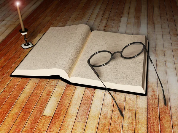 Kniha, brýle a svíčka — Stock fotografie