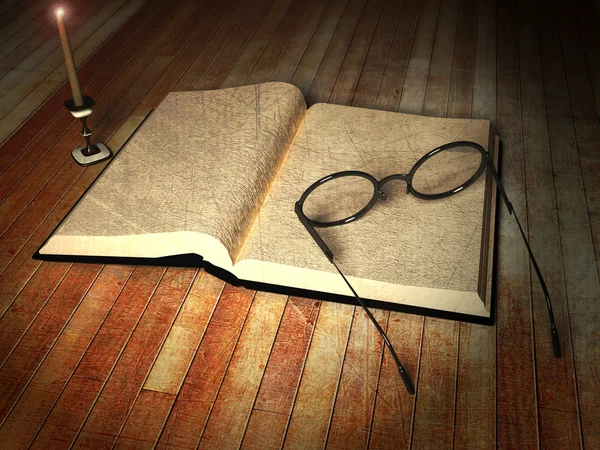Kitap, gözlük ve mum — Stok fotoğraf