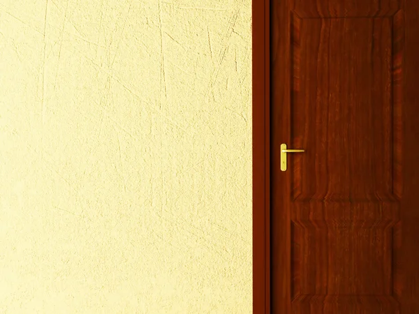 Bruin deur op gele achtergrond — Stockfoto