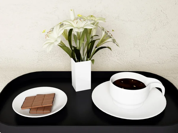 Un chocolate, las flores y el café — Foto de Stock