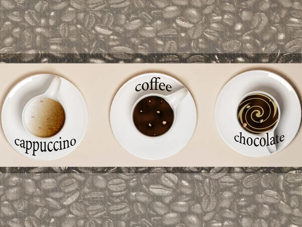 Kahve, cappuccino ve sıcak çikolata — Stok fotoğraf
