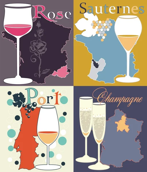 Farklı türde şarap ve şampanya — Stok Vektör
