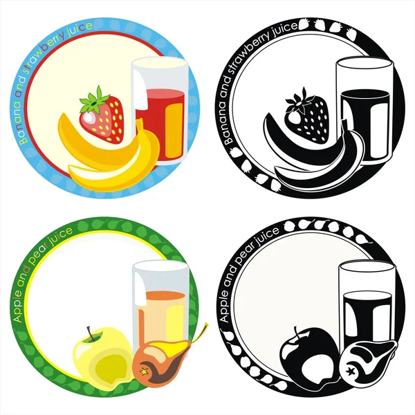 Labels with juice in glass and fruits — Stock Vector