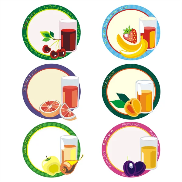 Etiquetas con zumo en vaso y frutas — Vector de stock