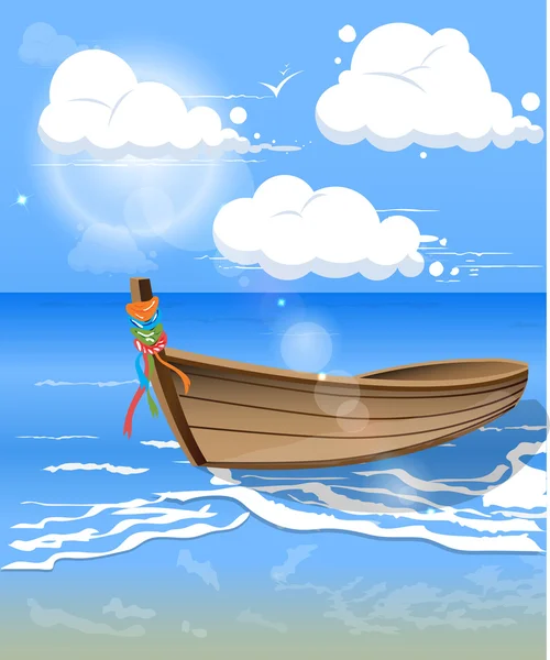 Blå havsvatten med båt och moln i dag — Stock vektor