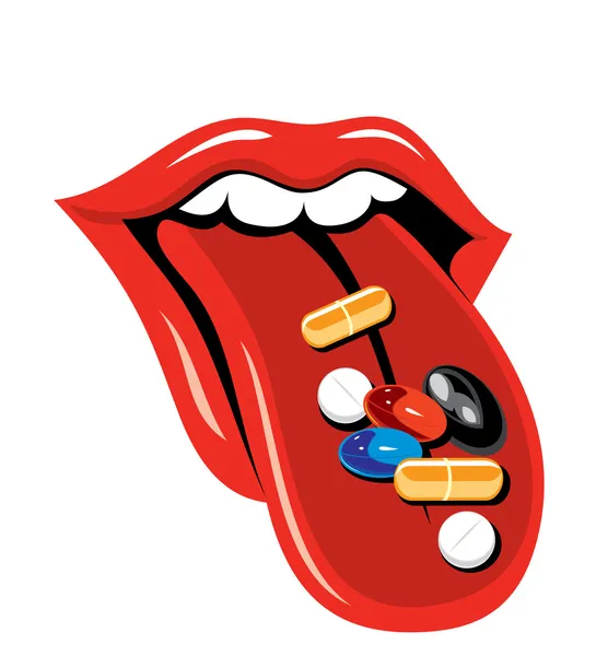 Vector. Pills and tongue — Stock Vector