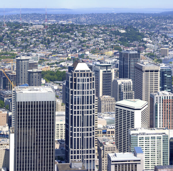 Seattle city center seen from the Columbia center tower sky view.