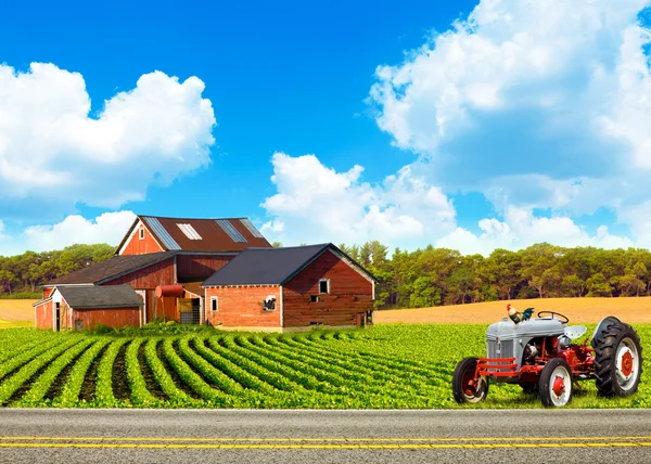 Landweg met boerderij en trekker — Stockfoto