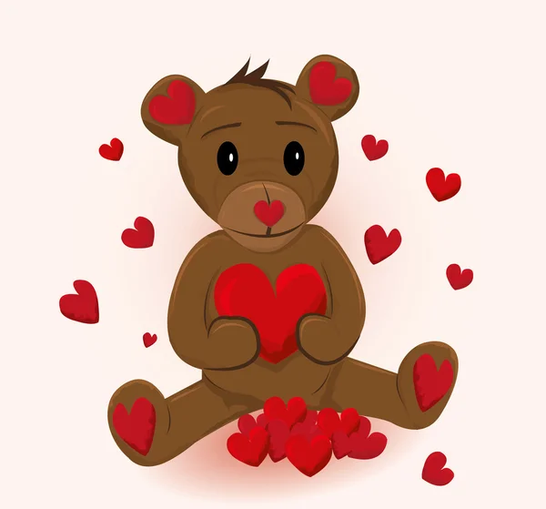 Cute little bear holding red heart. Vector illustration — Stock Vector