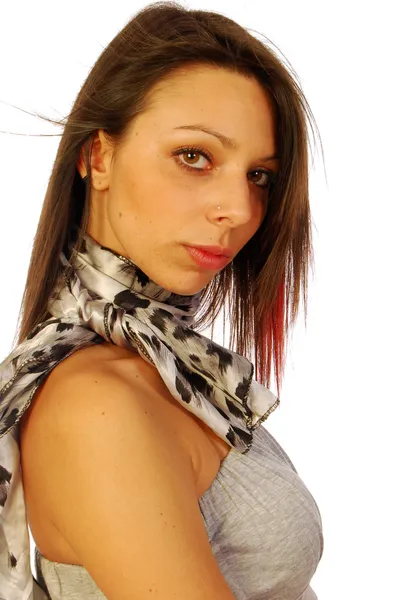 Jonge brunette vrouw in elegante grijs pak 114 — Stockfoto