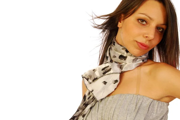 Jonge brunette vrouw in elegante grijs pak 108 — Stockfoto