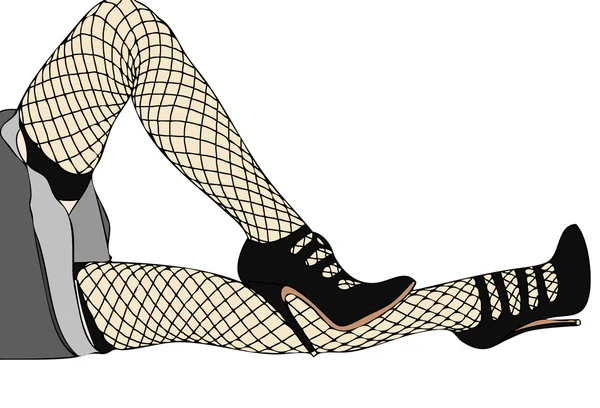 Fishnet kousen, benen en zwarte schoen — Stockfoto