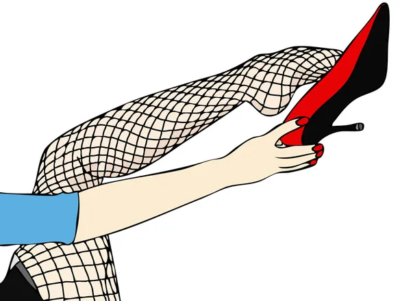 섹시 한 fishnet 스타킹, 다리와 빨간 구두 — 스톡 사진