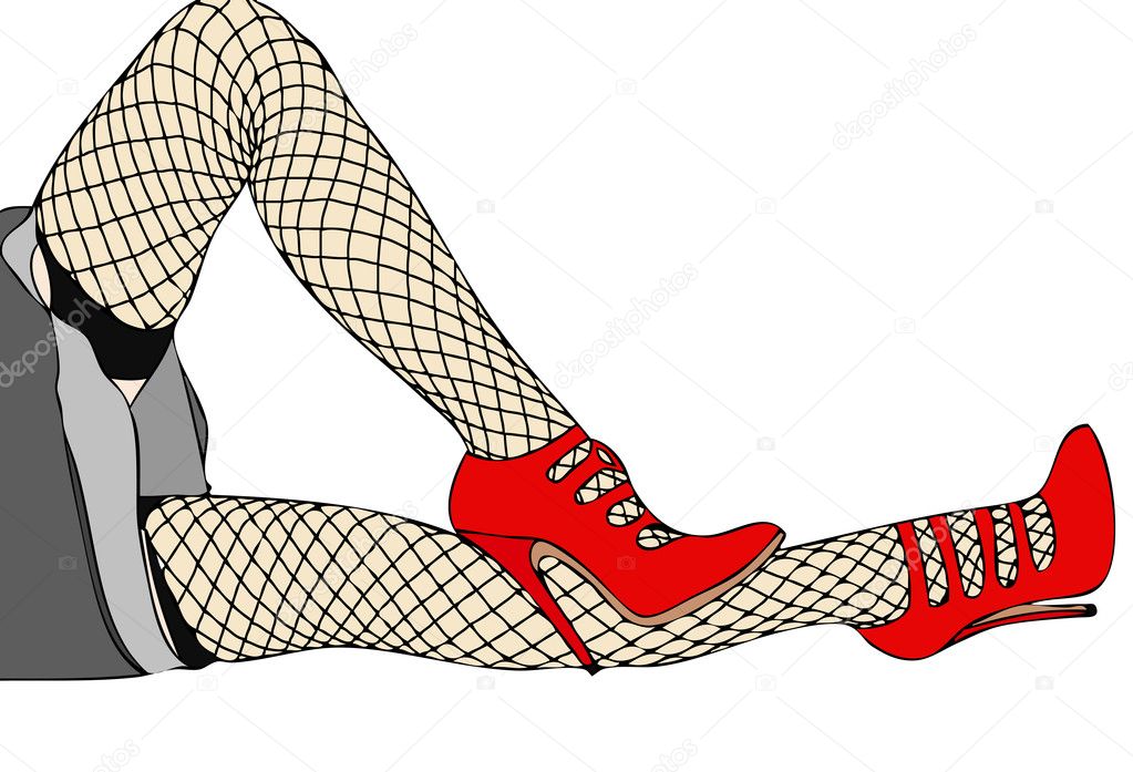 Fishnet stockings, legs and red shoes